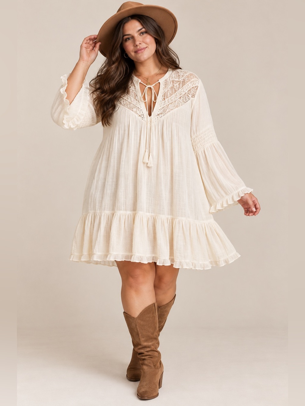 J.Gee Boho Crochet Lace Tiered Mini Dress Cream Bell Sleeve XL New
